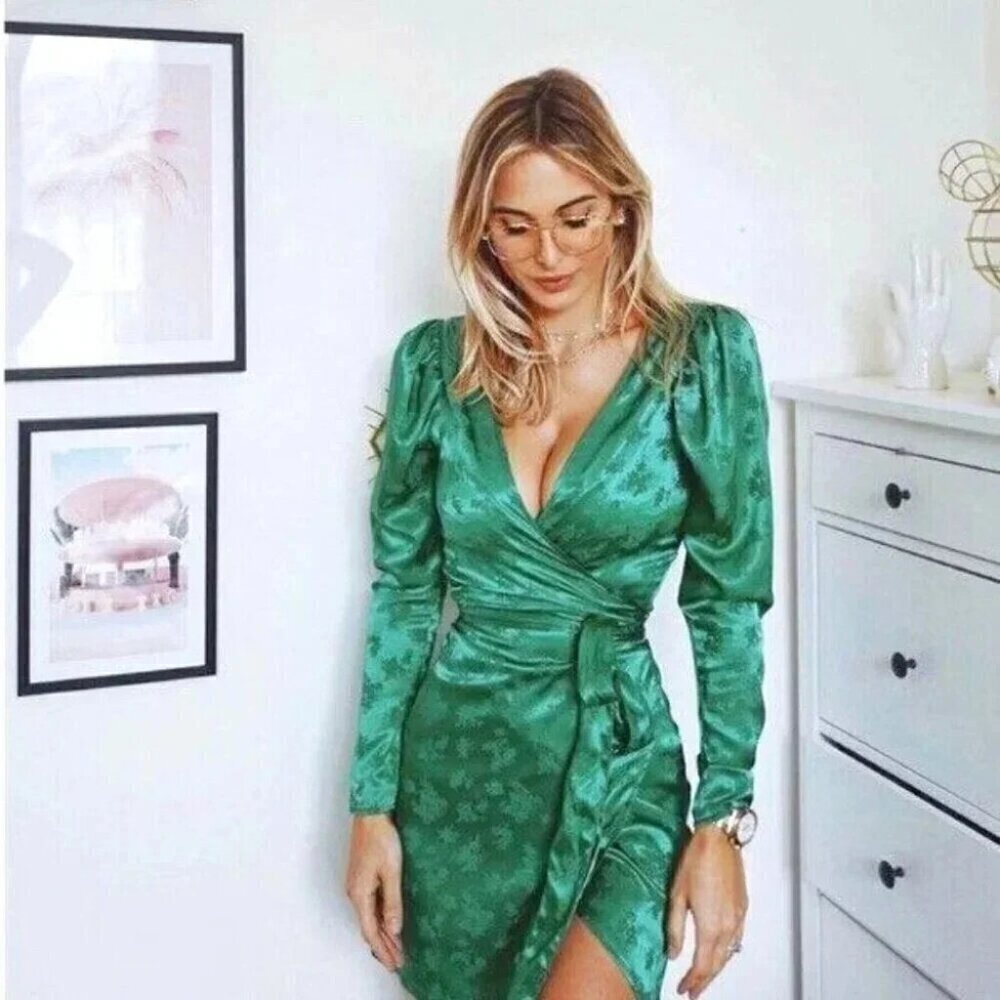 Zara Satin Effect Robe Wrap Long Sleeve Mini Dress Green Size Small
